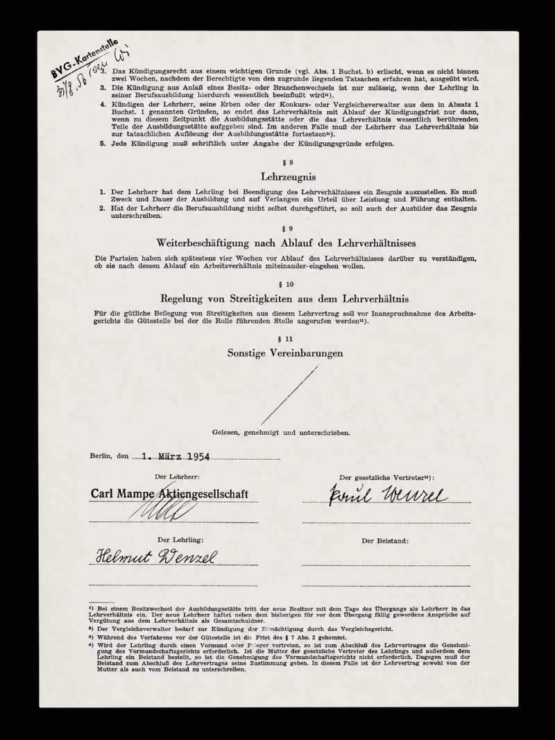 Ausbildungsvertrag von Helmut Wenzel, 1955 — Bild 2