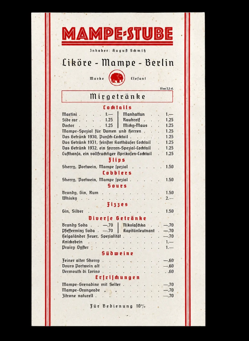 Getränkekarte der Mampestube, um 1930 — Bild 1